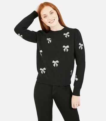Yumi Black Knit Sequin Embellished Bow Long Sleeve Jumper