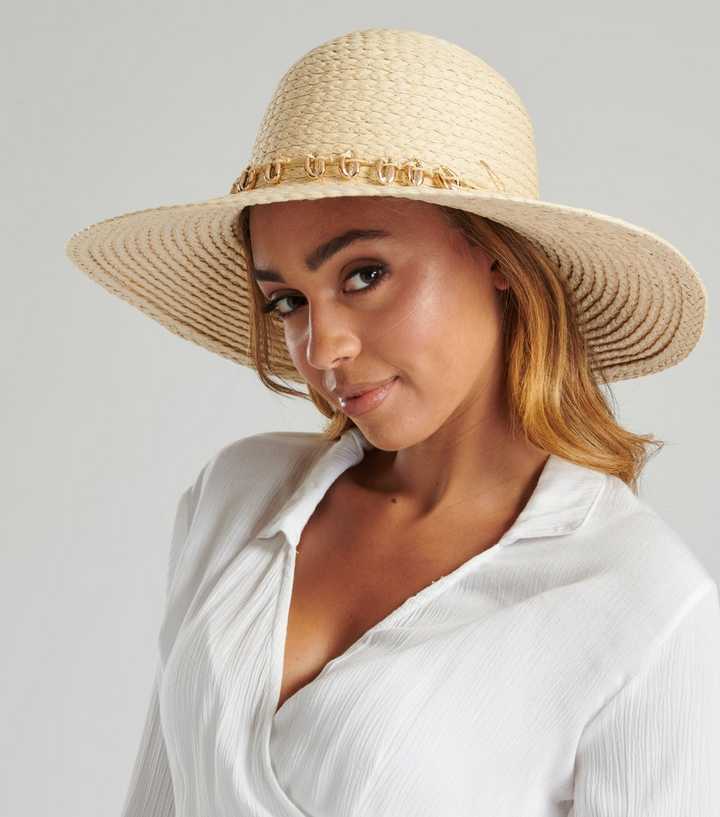 Shell Bay Hat South Beach Cream Woven Straw Effect Shell Trim Hat | New Look