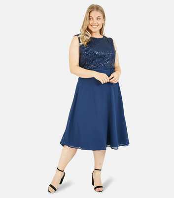 Yumi Curves Navy Sequin Front Sleeveless Midi Skater Dress