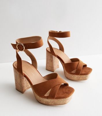 Wide Fit Tan Suedette Cork Platform Heel Sandals New Look