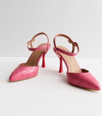Wide Fit Bright Pink Faux Croc Flared Heel Court Shoes
