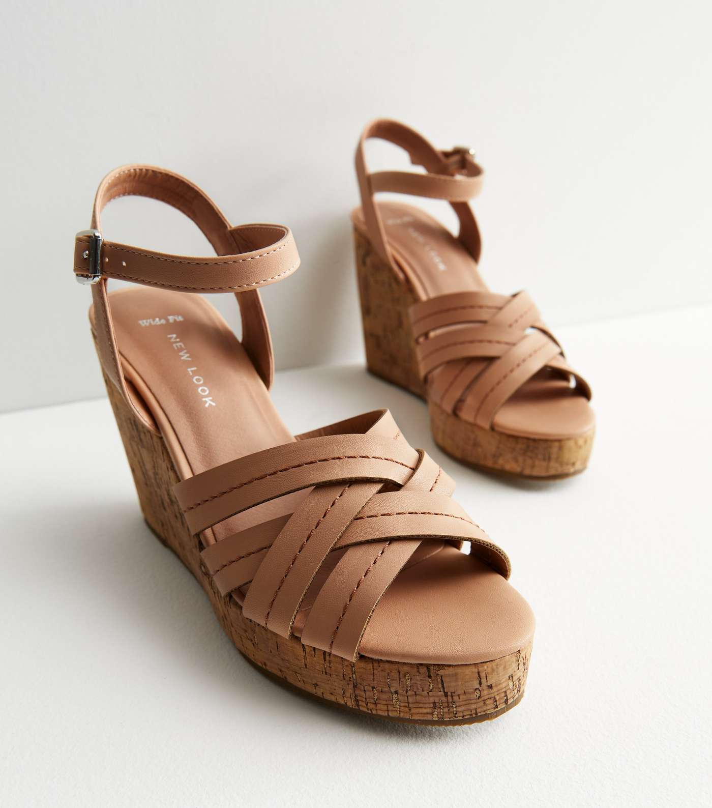 Wide Fit Cream Leather-Look Cork Wedge Heel Sandals Image 3