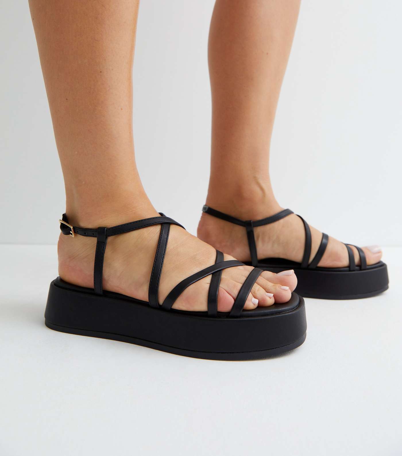 Black Leather-Look Strappy Flatform Sandals Image 2
