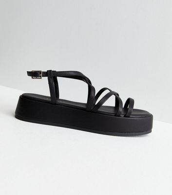 Black Leather Look Strappy Flatform Sandals New Look