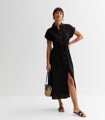 Black Drawstring Midi Shirt Dress