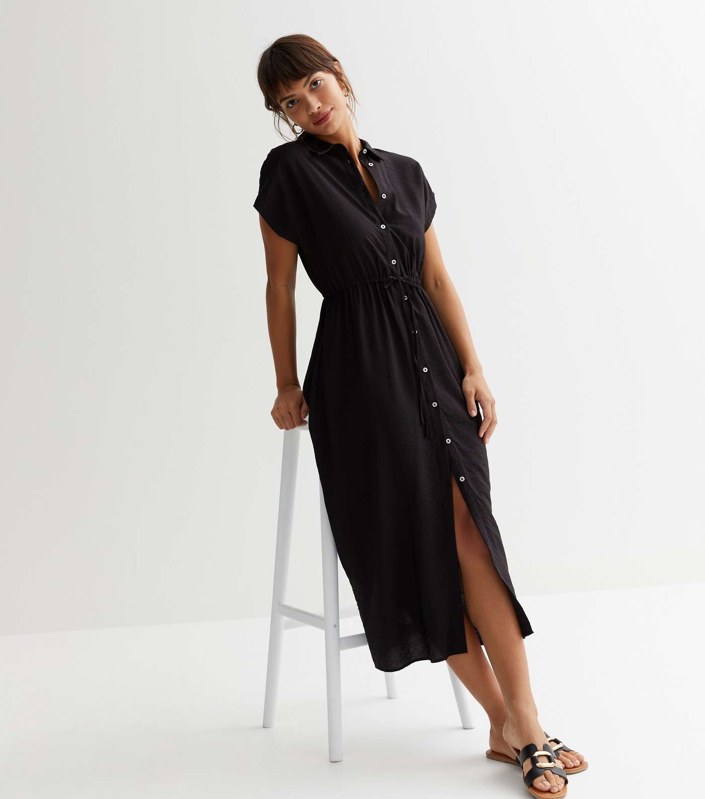 Black Drawstring Midi Shirt Dress Image 3