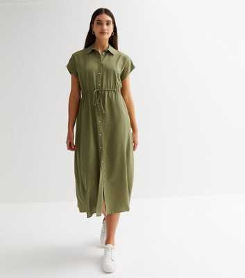 Khaki Drawstring Midi Shirt Dress