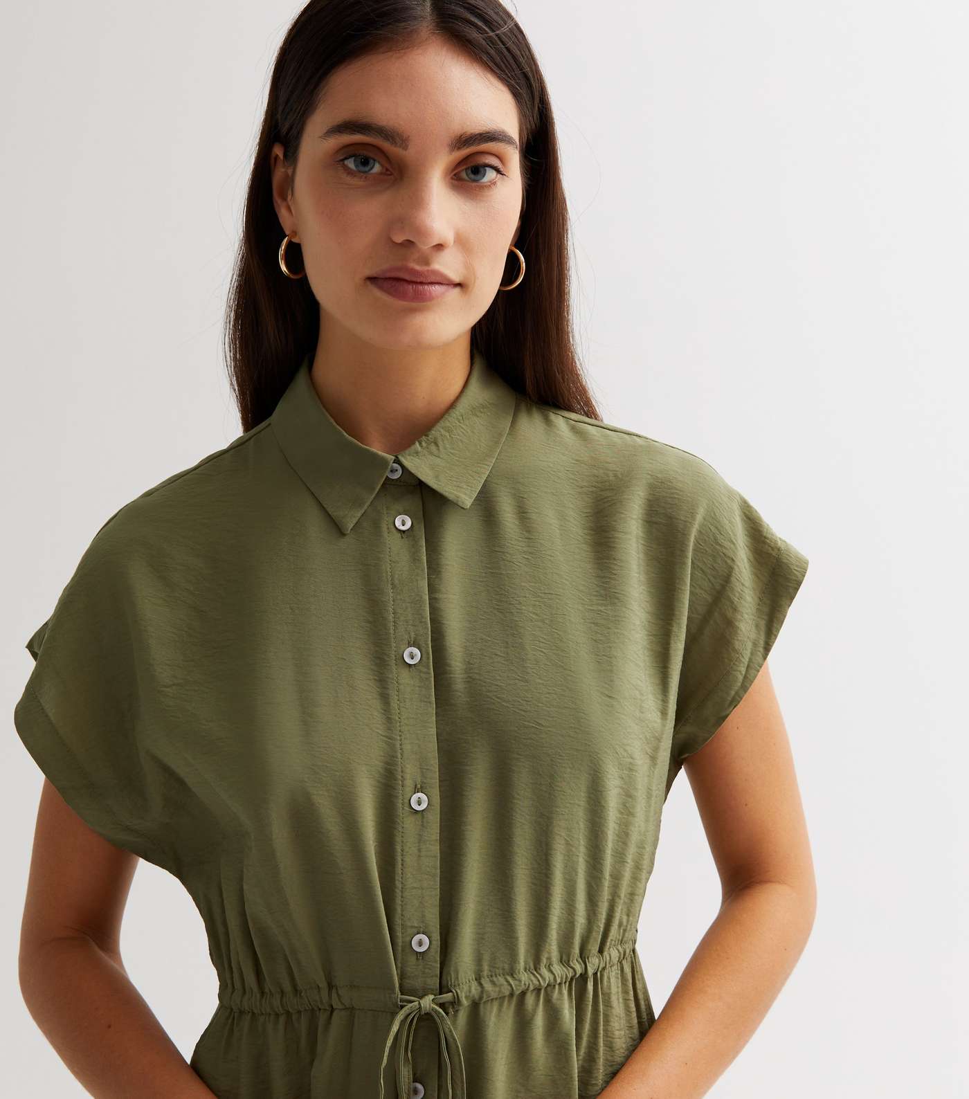Khaki Drawstring Midi Shirt Dress Image 3