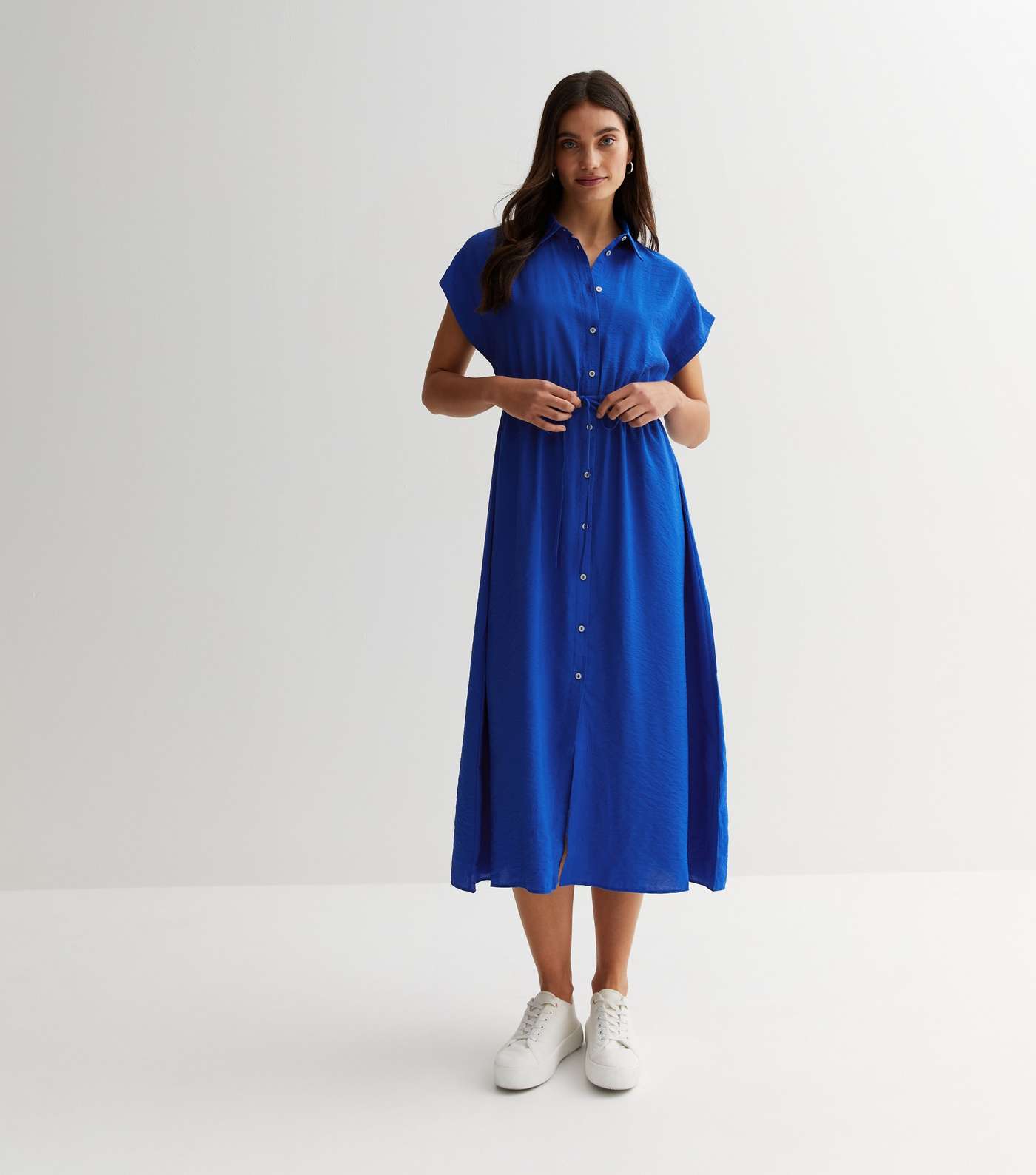 Blue Drawstring Midi Shirt Dress Image 2