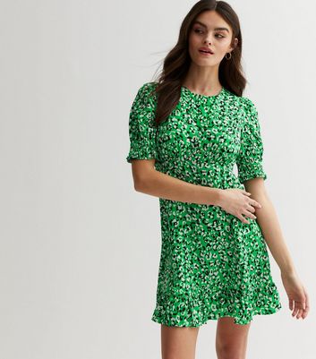 Green Animal Print Frill Shirred Mini Dress