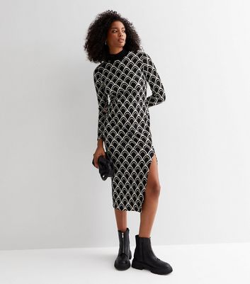 Black Geometric Crinkle Jersey Long Sleeve Midi Dress