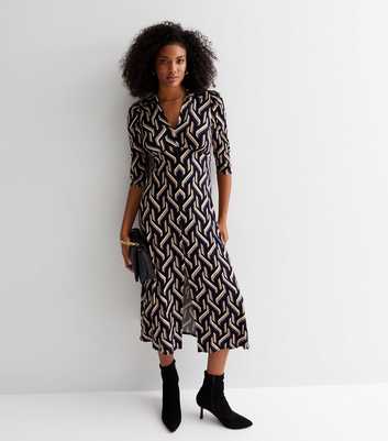 Black Geometric Collared 3/4 Sleeve Midi Dress