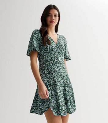 Green Ditsy Floral Short Sleeve Mini Dress