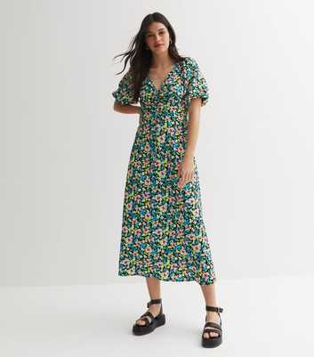 Blue Floral Crinkle Jersey Ruched Puff Sleeve Midi Dress