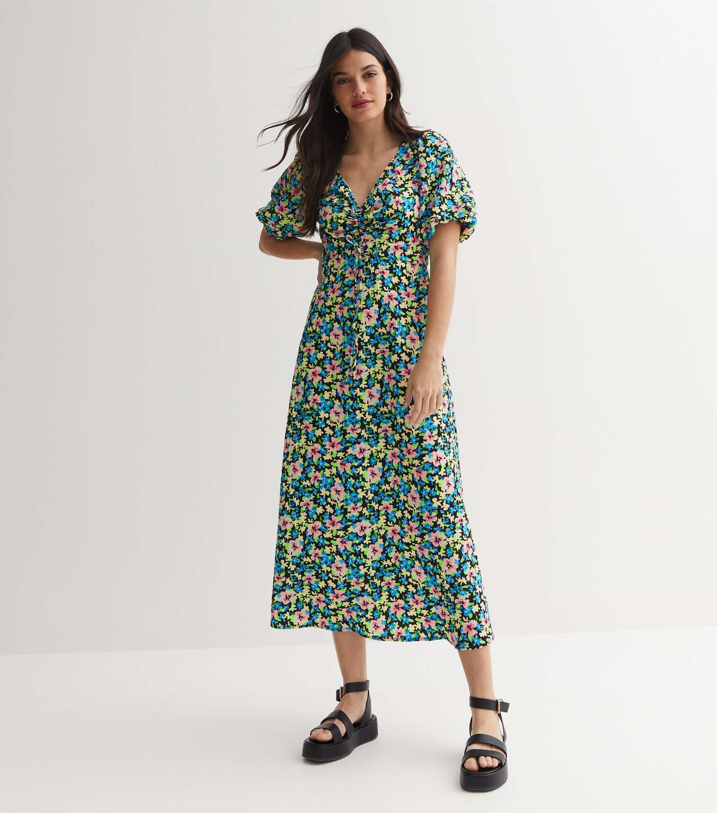 Blue Floral Crinkle Jersey Ruched Puff Sleeve Midi Dress | New Look
