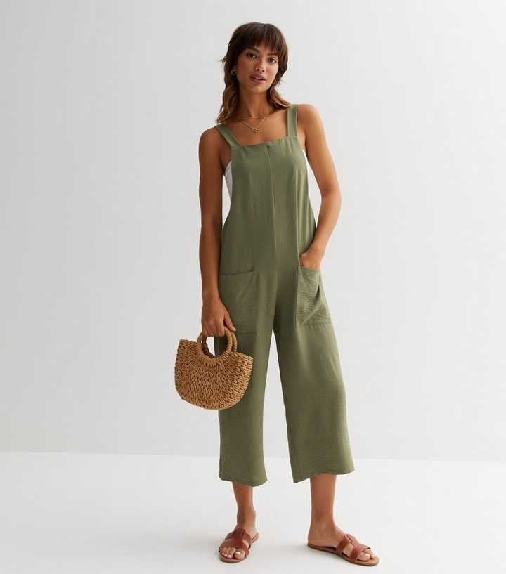 Khaki Wide Leg Crop Dungaree Jumpsuit
