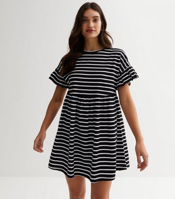 Black Stripe Jersey Frill Sleeve Mini Dress