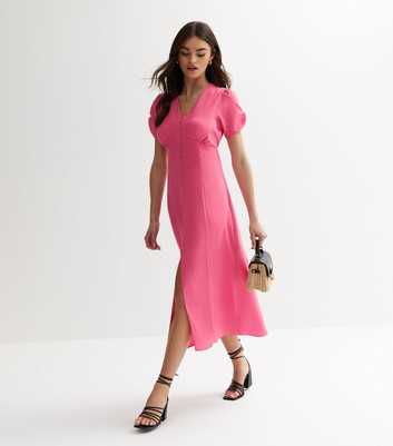 Pink Button Front Midi Dress