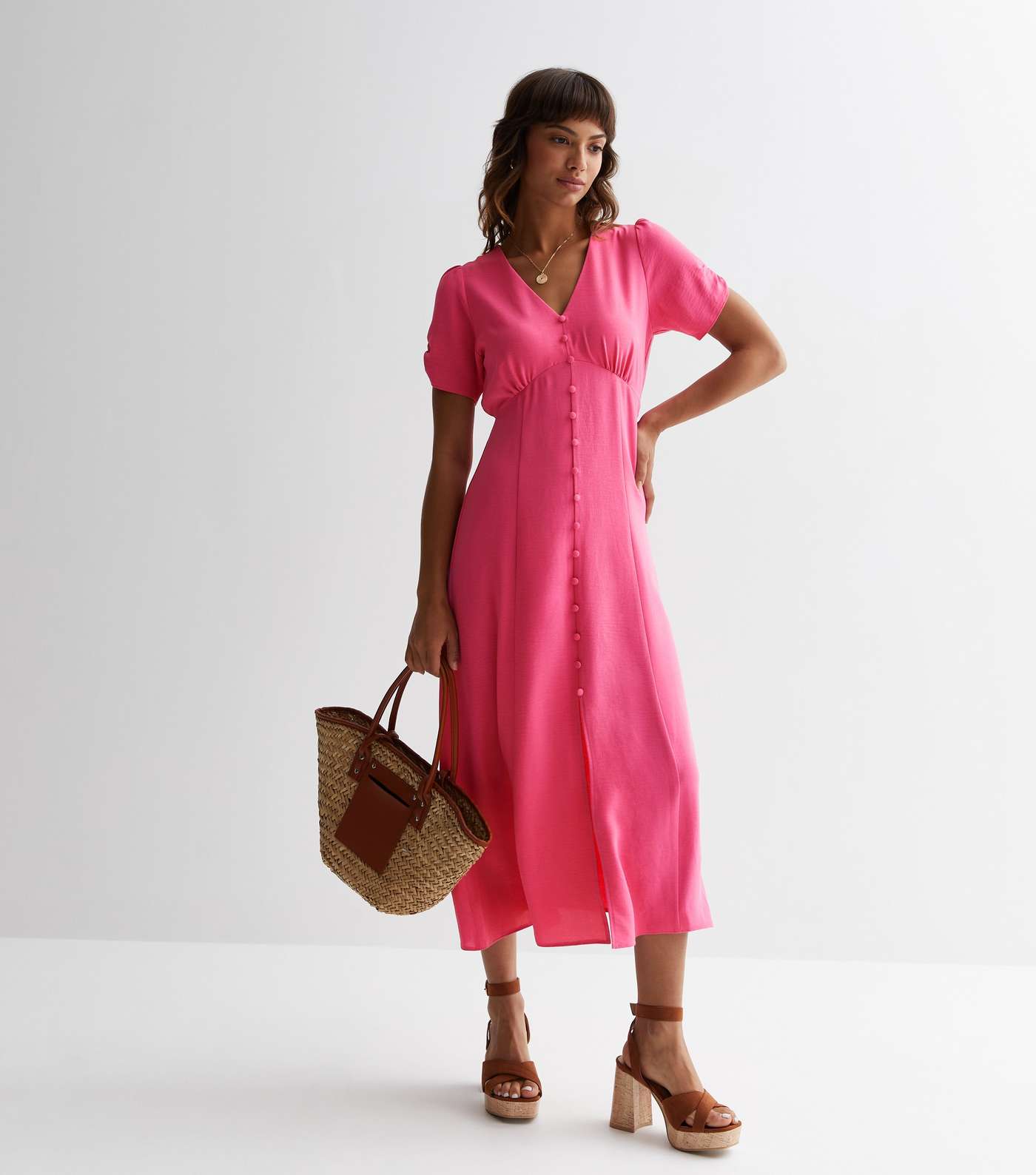Bright Pink Button Front Midaxi Dress