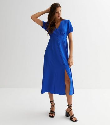 Blue Button Front Midi Dress