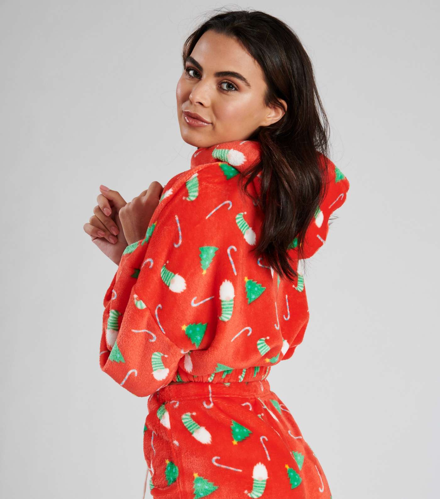 Loungeable Red Fleece Hoodie and Shorts Pyjama Set with Christmas Print Image 2