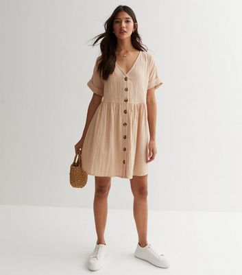 Stone Button Front Mini Smock Dress New Look
