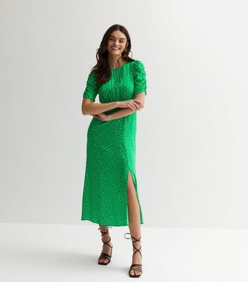 Green Animal Print Ruffle Detail V Neck Long Sleeve Midi Dress | New Look