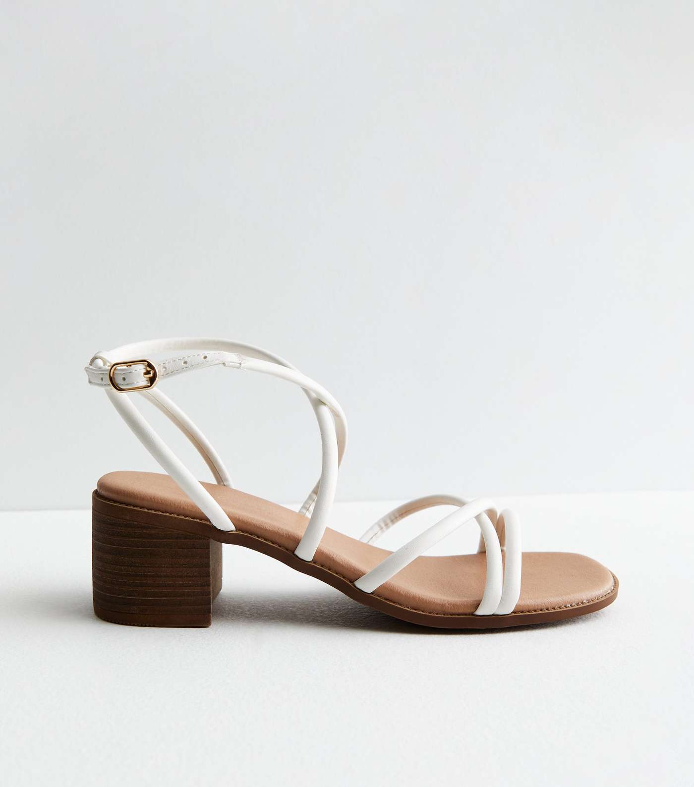 White Leather-Look Strappy Mid Block Heel Sandals