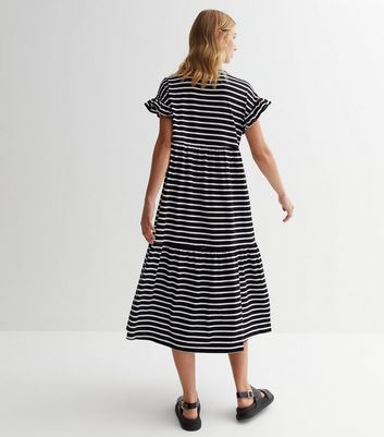 Black Stripe Cotton Frill Sleeve Smock Midaxi Dress | New Look