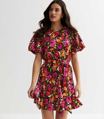 Pink Floral Puff Sleeve Belted Mini Dress