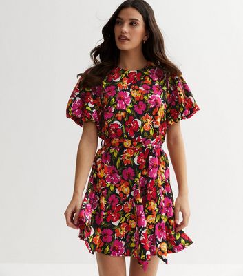 Floral Puff Sleeve Mini Dress With Belt