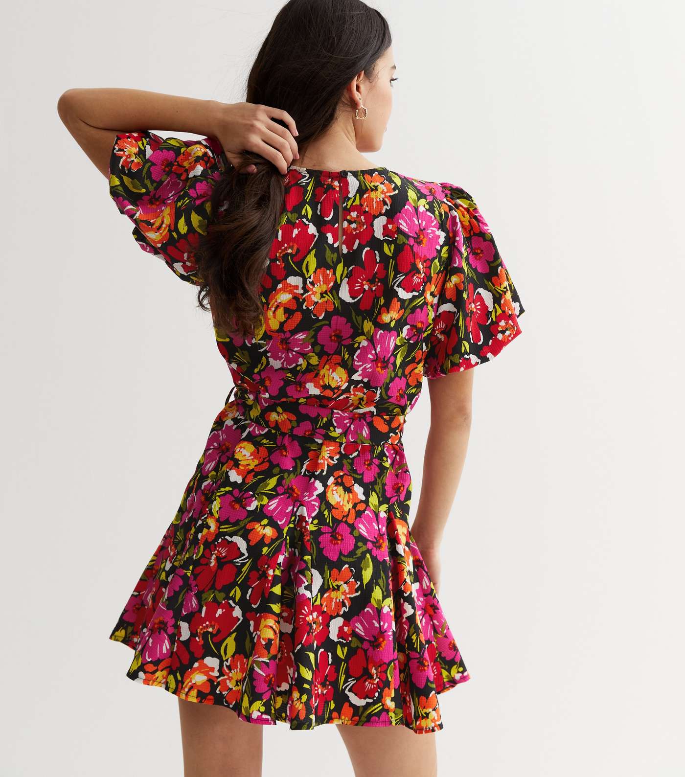 Pink Floral Puff Sleeve Belted Mini Dress Image 4