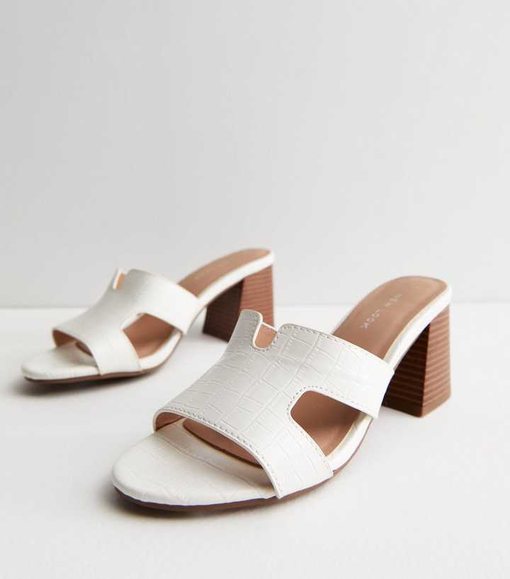 White Mid Block Heel Mule Sandals
