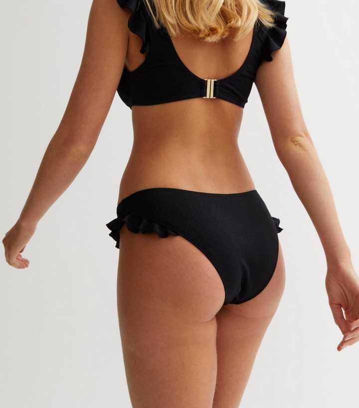 Black Textured Frill Hipster Bikini Bottoms