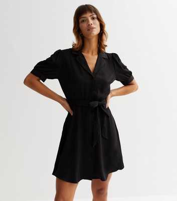 Black Puff Sleeve Belted Mini Shirt Dress