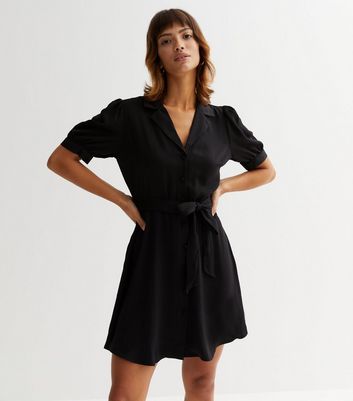Black Puff Sleeve Belted Mini Shirt Dress