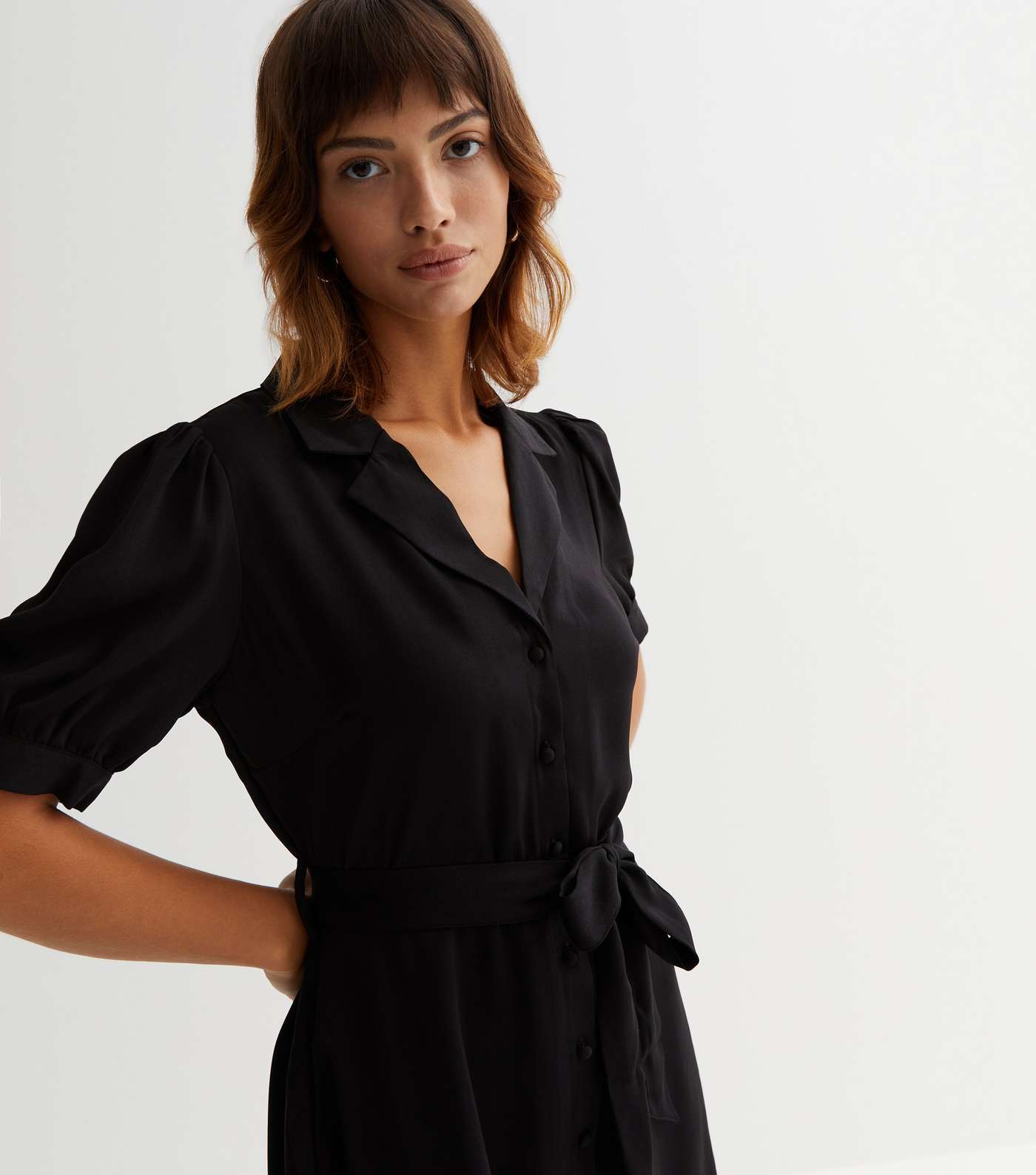 Black Puff Sleeve Belted Mini Shirt Dress Image 3
