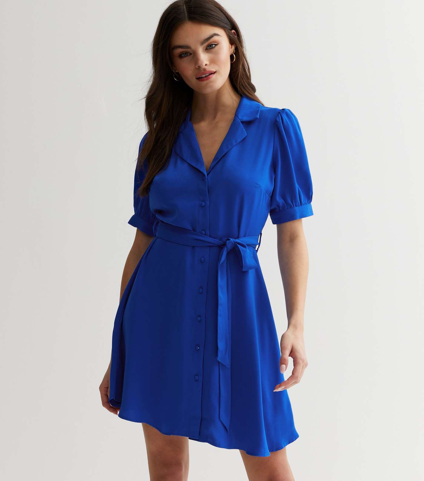 Bright Blue Puff Sleeve Belted Mini Shirt Dress Image 3