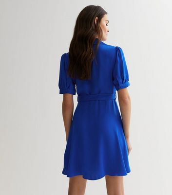 Bright Blue Puff Sleeve Belted Mini Shirt Dress New Look