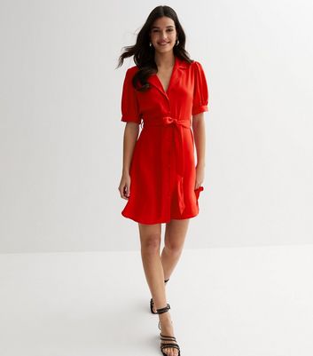 Red Puff Sleeve Belted Mini Shirt Dress New Look