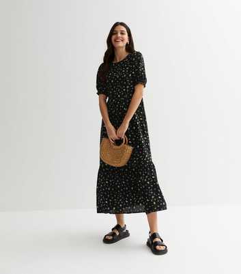 Black Ditsy Puff Sleeve Midi Smock Dress