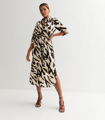 Off White Jacquard Animal Print Belted Midi Shirt Dress | New Look