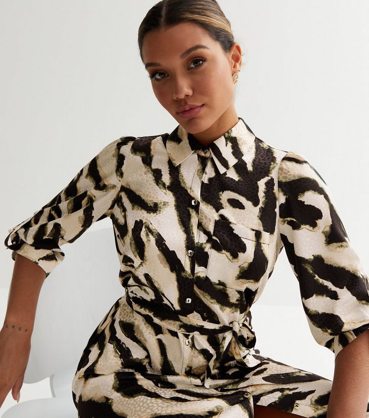 Off White Jacquard Animal Print Belted Midi Shirt Dress | New Look