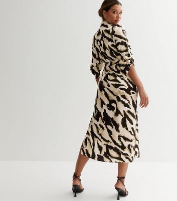 Off White Jacquard Animal Print Belted Midi Shirt Dress | New Look