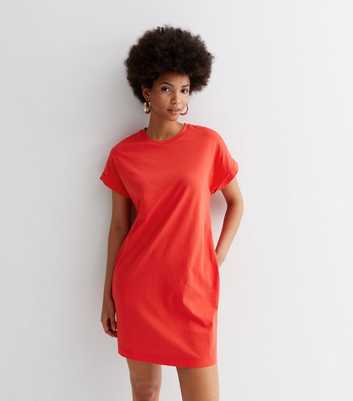 Red Roll Sleeve Mini T-Shirt Dress