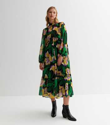 Green Floral High Neck Long Sleeve Chiffon Midi Dress