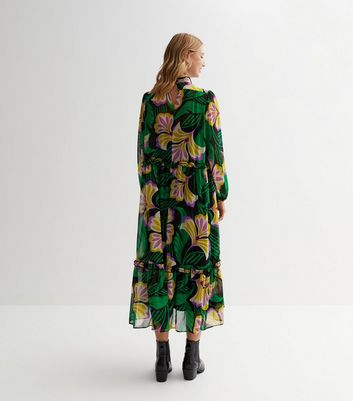 Stylish green floral print long sleeve maxi on sale dresses