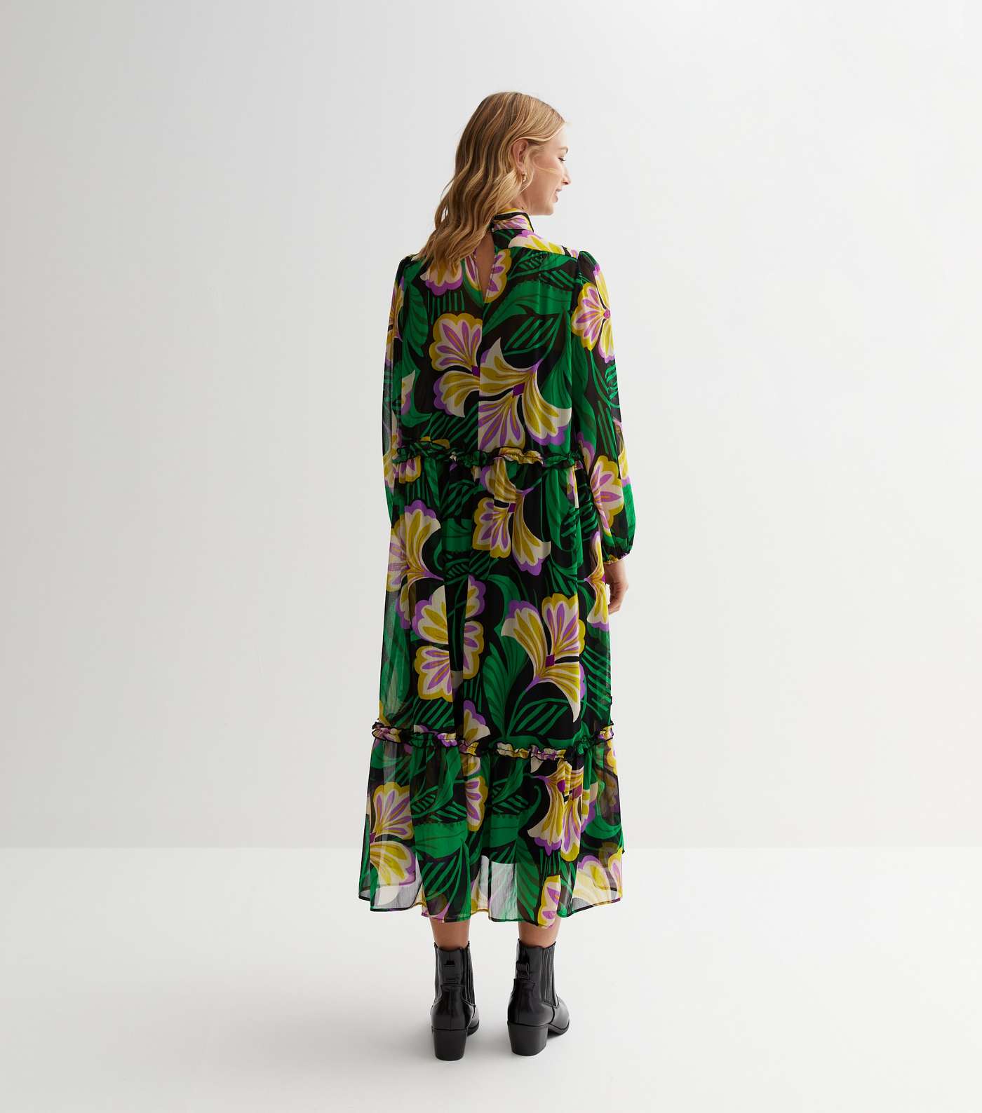 Green Floral High Neck Long Sleeve Chiffon Midi Dress Image 4