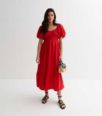 Red Shirred Sweetheart Puff Sleeve Midi Dress