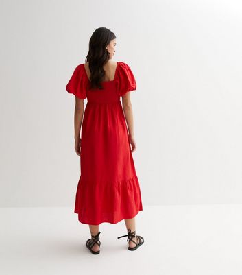 Red Shirred Sweetheart Puff Sleeve Midi Dress New Look